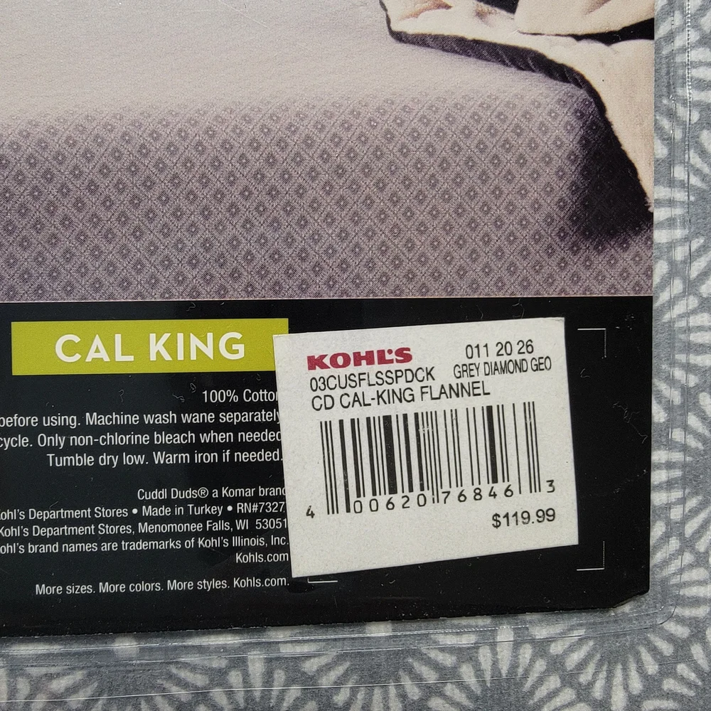 NWT Cuddl Duds Heavyweight Flannel Sheet Set Cal King Grey Diamond Geo